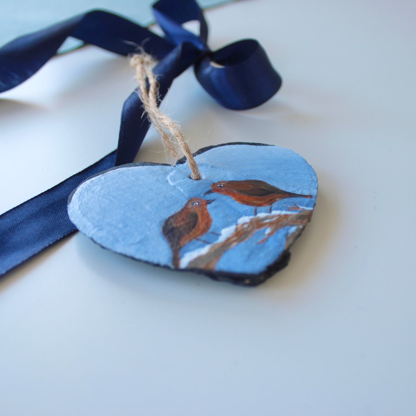 Robin Ornament - Hand-Painted slate heart decoration.