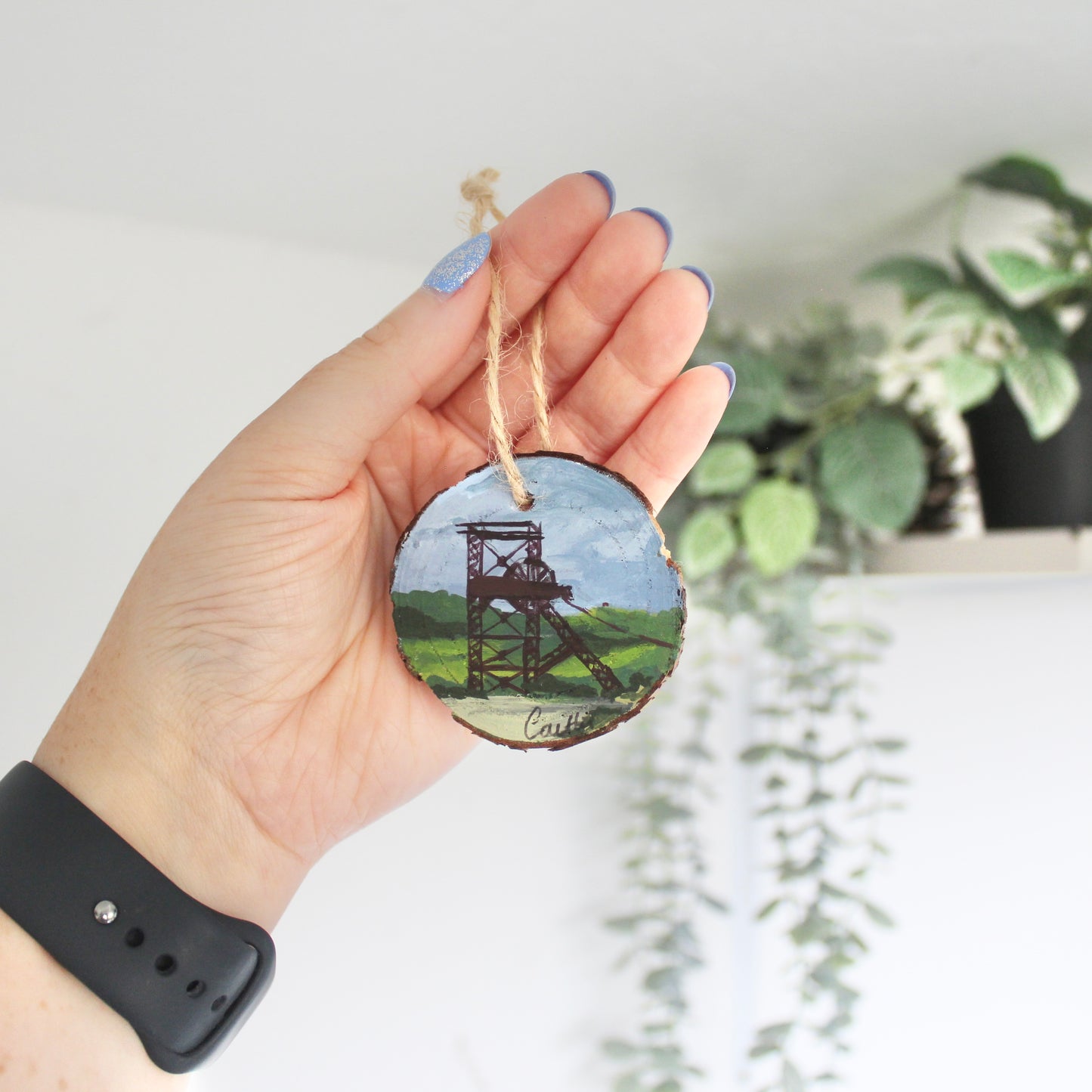 Rustic Colliery Wheel Wood Slice Painting with Twine. Hand-Painted Mining Art, Unique Welsh Gift