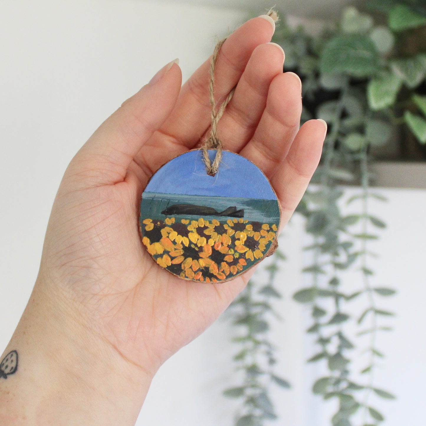 Rhossili Sunflowers Hand-Painted on Wood Slice with Twine - Rustic Welsh Art. Unique Gower Gift