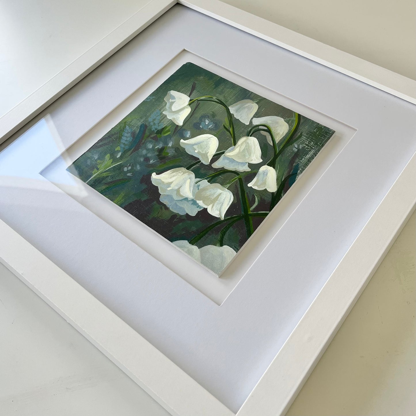 Lilly of the Valley Field - Original Welsh Acrylic Painting, Framed in White Wood, 13x13 inches