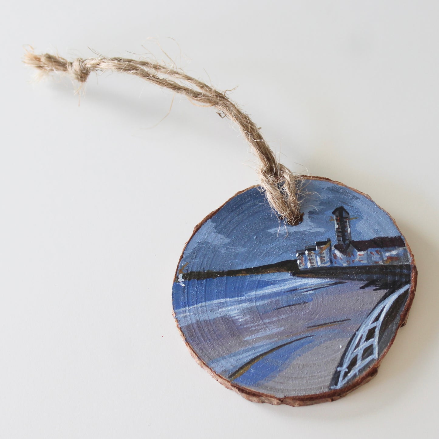 Swansea Beach with Meridian Tower Painting on Wood Slice, Handcrafted Welsh Coastal Art