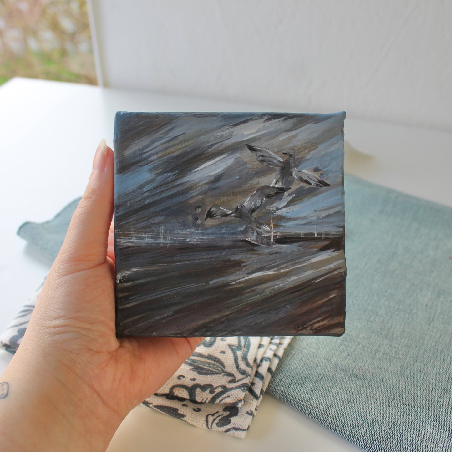 Aberavon beach seagulls, original Welsh beach on canvas.