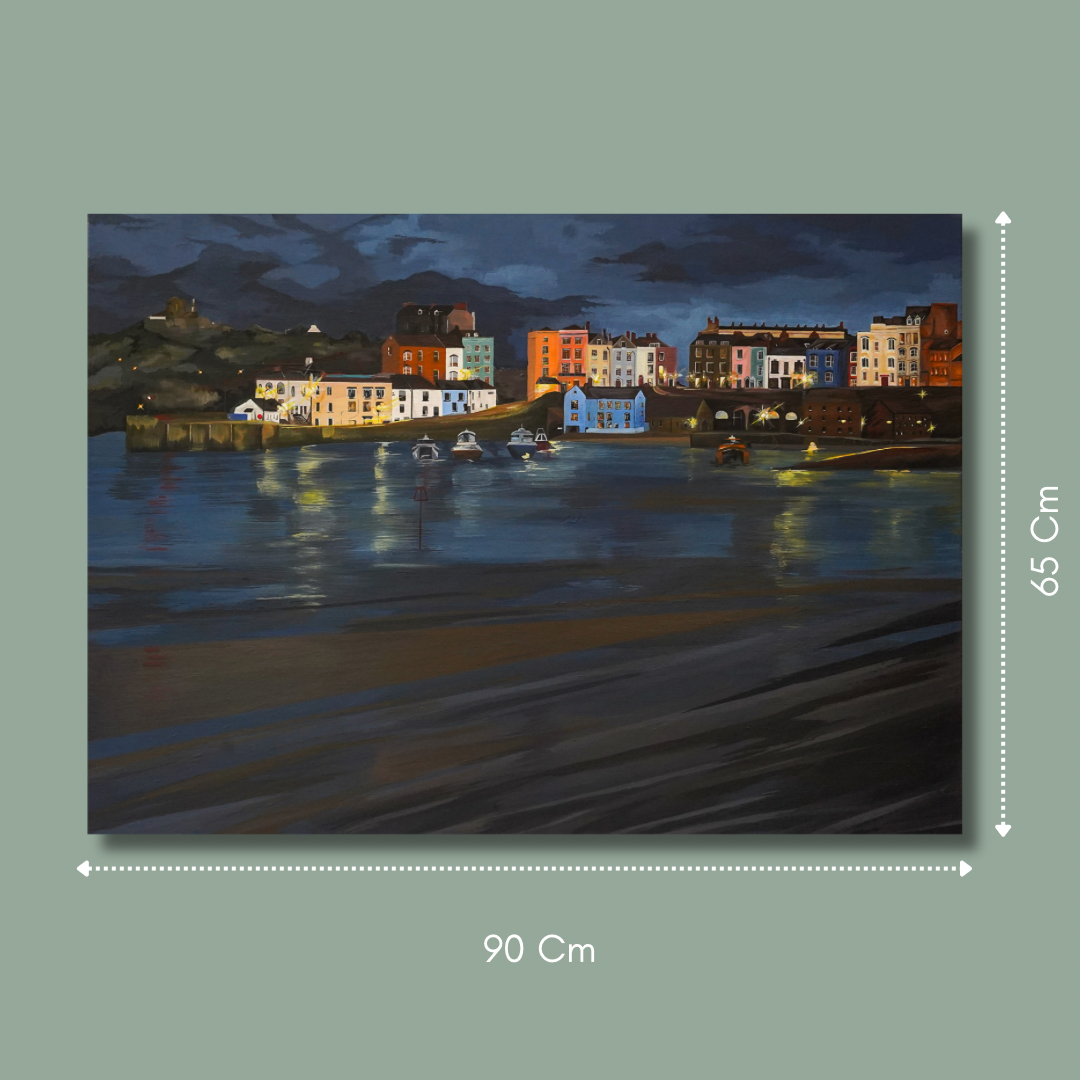 Tenby Harbour, an Autumn Evening. An original framed 90x65 cm acrylic painting on canvas by Welsh artist Caitlin Eve.