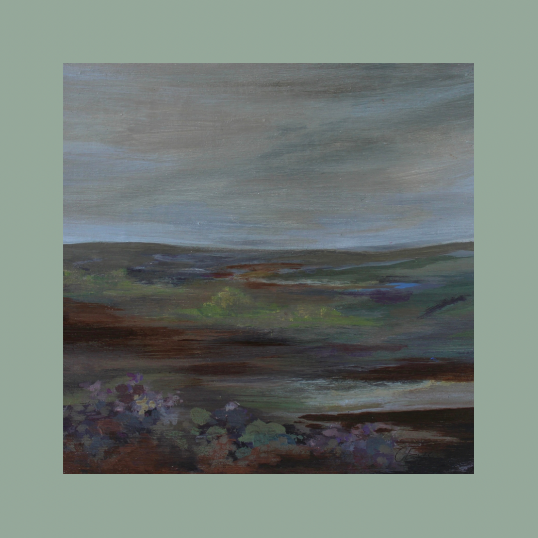 Yorkshire Moors, Wuthering Heights Inspired Landscape Painting - Original 6x6 Inch - Framed 13 x 13 inch. Art by Caitlin Eve