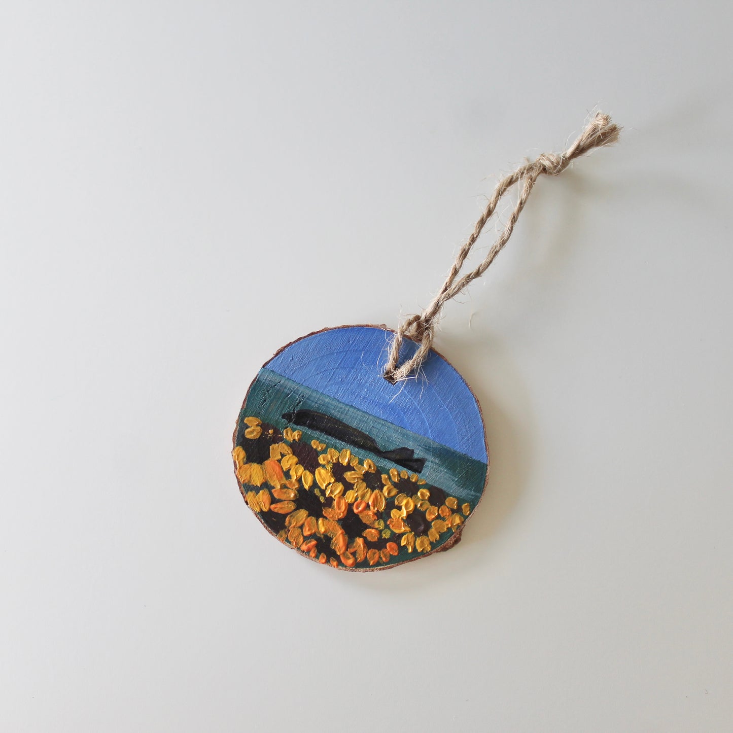 Rhossili Sunflowers Hand-Painted on Wood Slice with Twine - Rustic Welsh Art. Unique Gower Gift