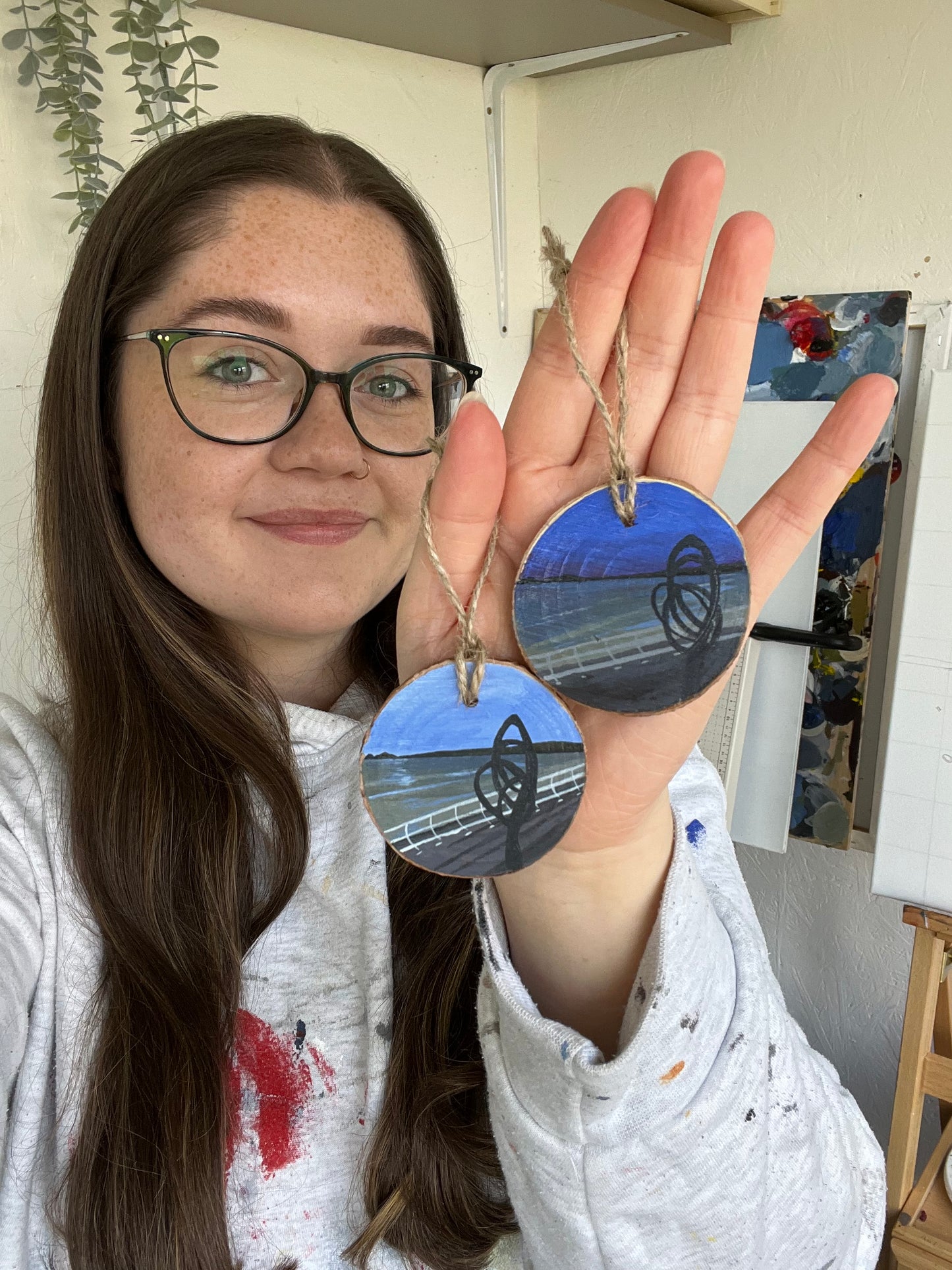 Aberavon Beach with Kite Sculpture Painting on Wood Slice, Hand-Painted Welsh Art, Unique Port Talbot Gift