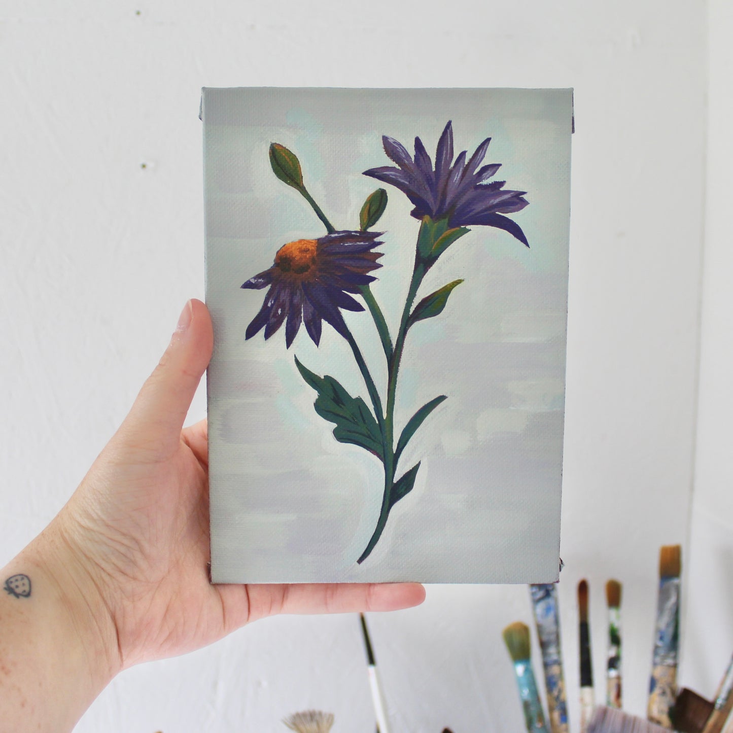 Purple Aster, September birth month, original canvas board painting. 5X7 inches.