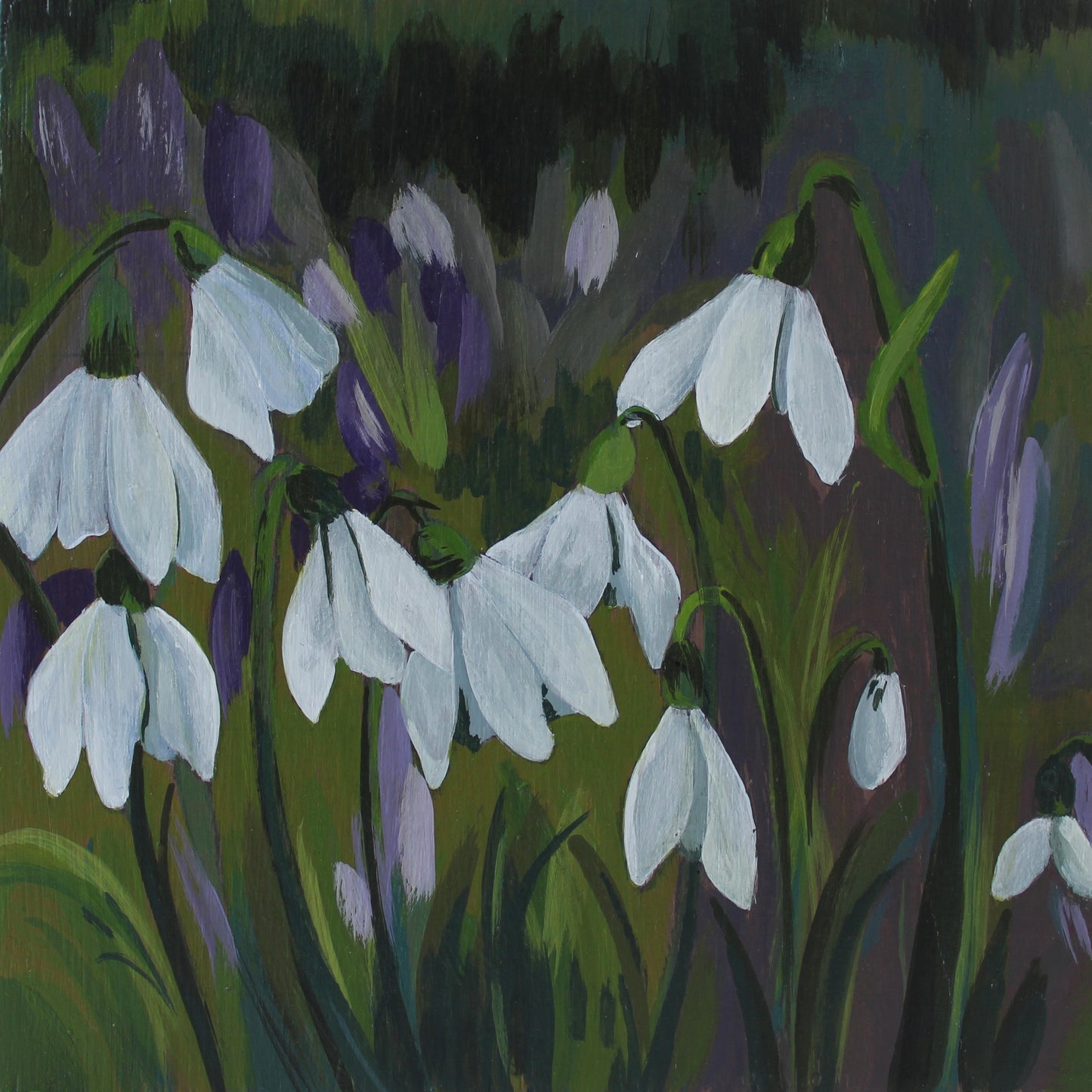 Original Welsh Art: Snowdrop Flower Field Acrylic Painting on 6x6" Wooden Panel, 13x13" White Frame