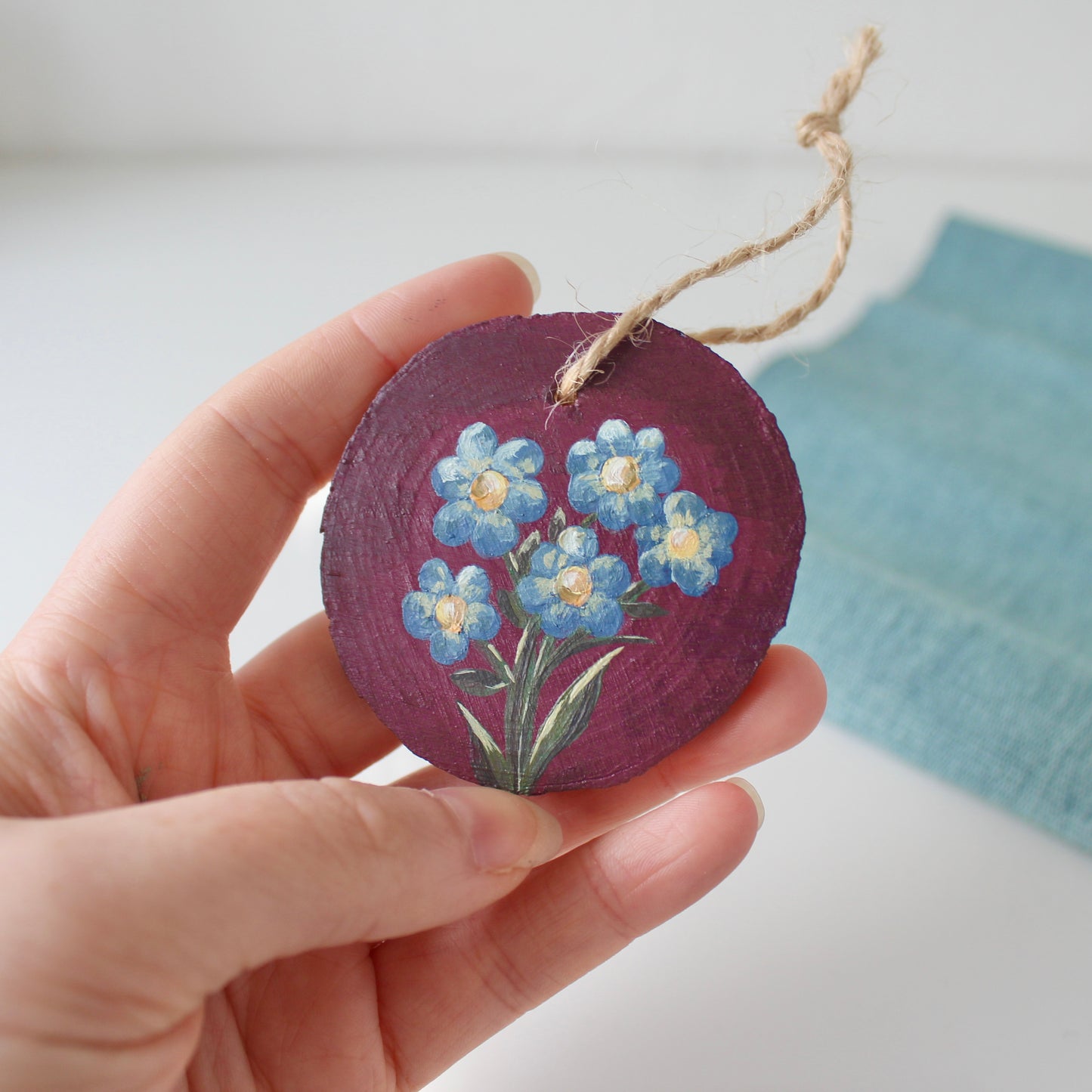 Small Wooden Forget Me Not Flowers Hanging ornament, floral wood slice painting.