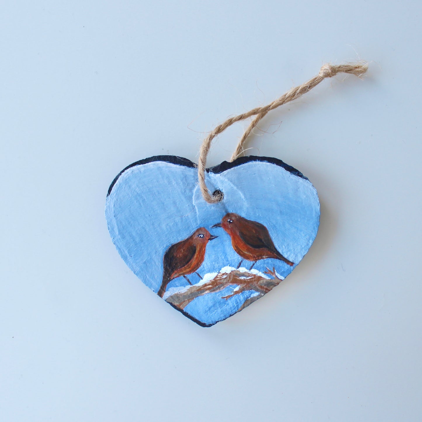 Robin Ornament - Hand-Painted slate heart decoration.