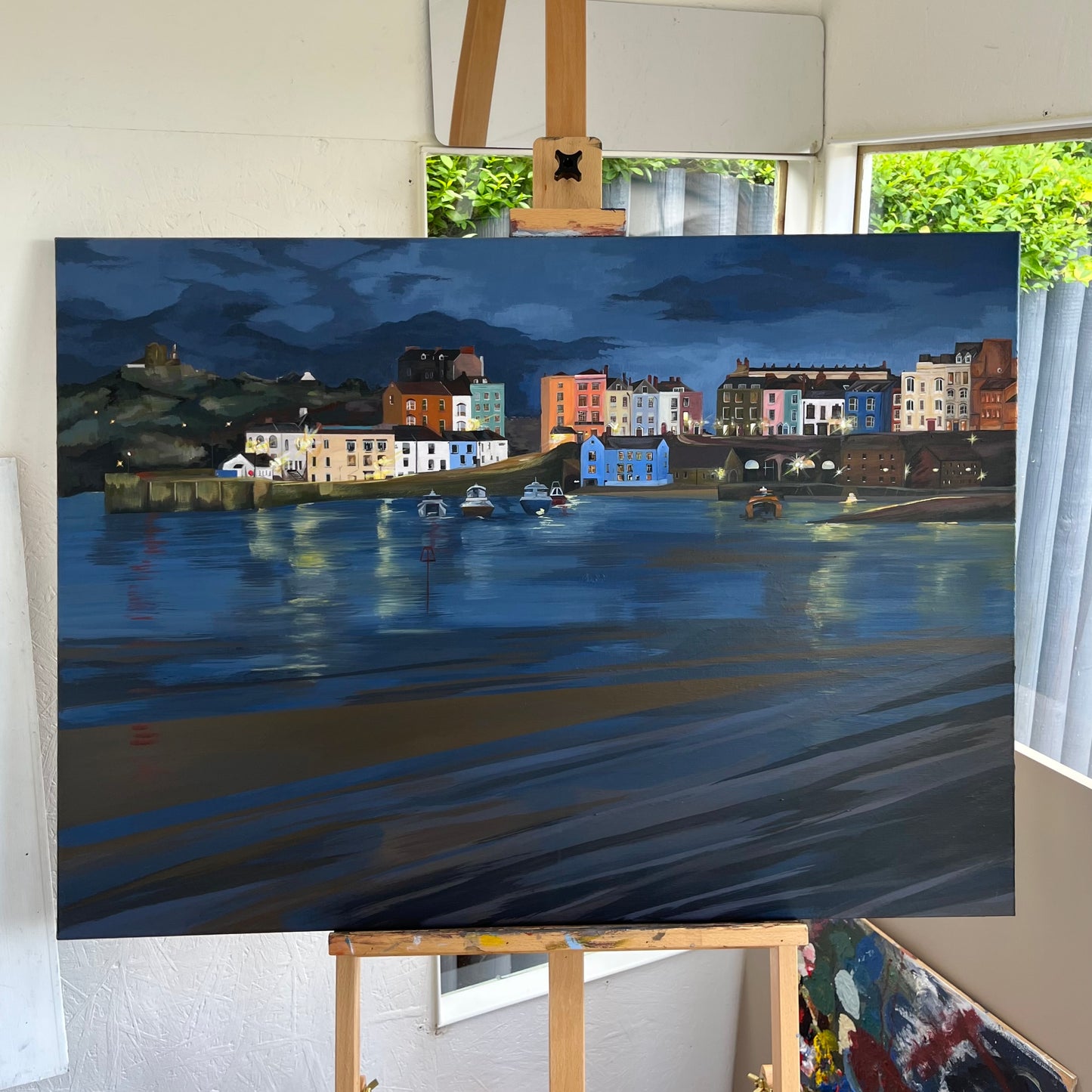 Tenby Harbour, an Autumn Evening. An original framed 90x65 cm acrylic painting on canvas by Welsh artist Caitlin Eve.