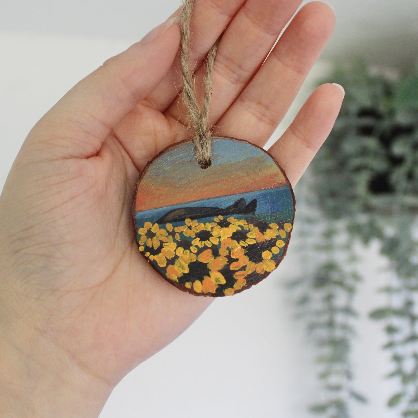 Sunset Over Rhossili Sunflowers, Hand-Painted Wood Slice with Twine, Rustic Welsh Art Gift