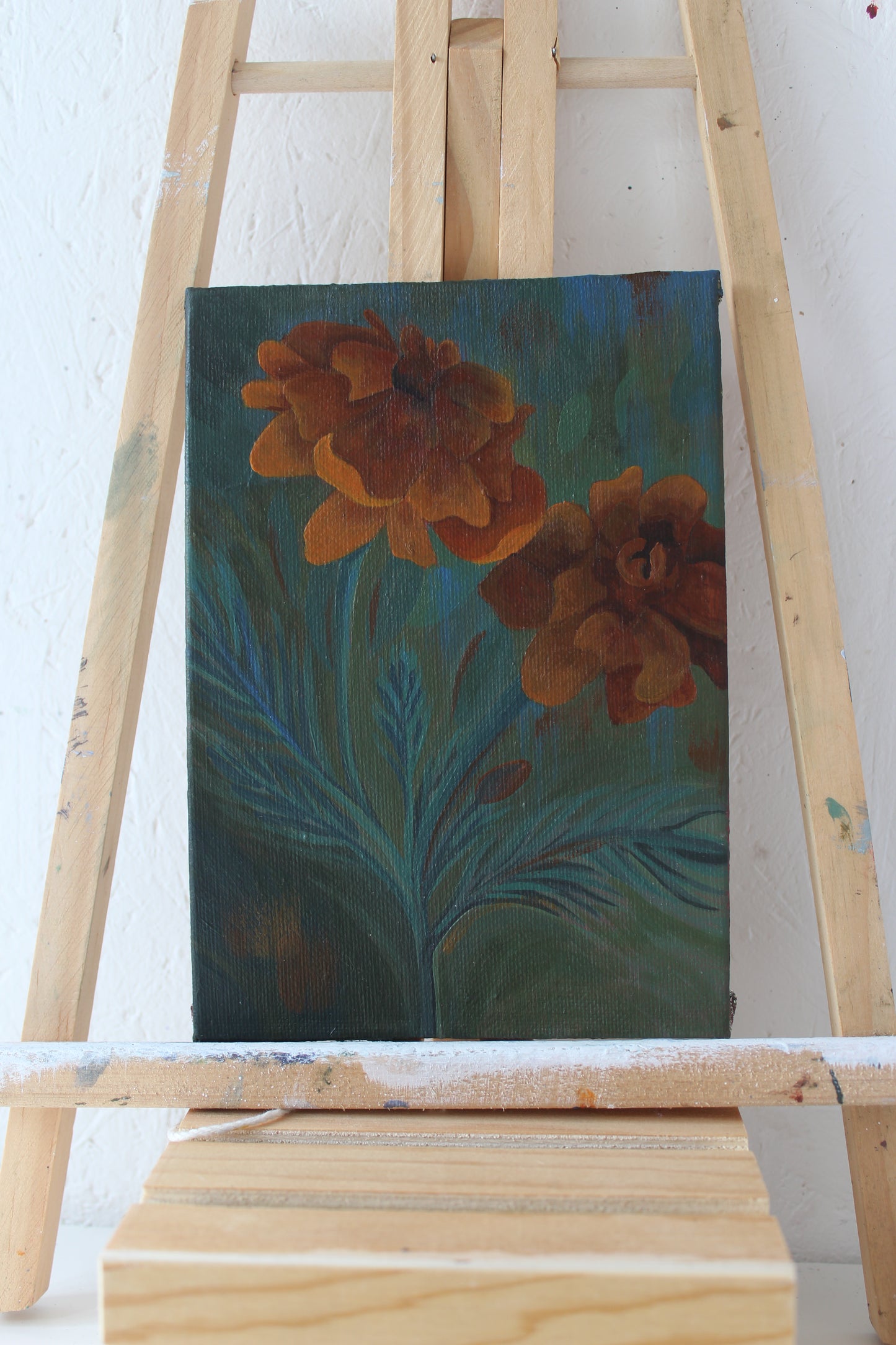 Original Marigold Acrylic Painting on 5x7 Canvas Board, October Birth Flower Art. Unique Gift from Wales