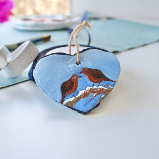 Robin Ornament - Hand-Painted slate heart decoration.