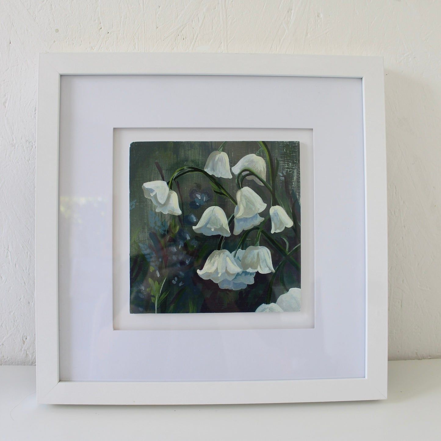 Lilly of the Valley Field - Original Welsh Acrylic Painting, Framed in White Wood, 13x13 inches