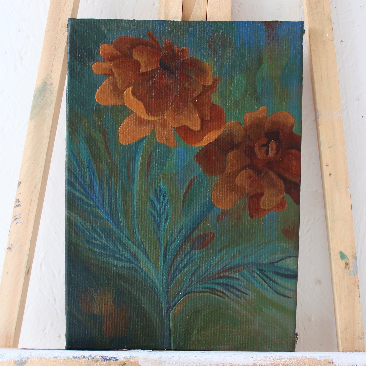 Original Marigold Acrylic Painting on 5x7 Canvas Board, October Birth Flower Art. Unique Gift from Wales