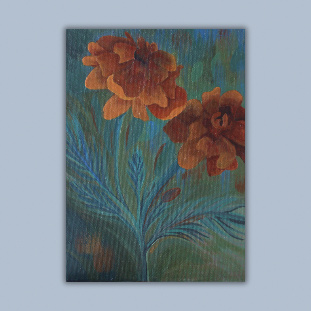 Original Marigold Acrylic Painting on 5x7 Canvas Board, October Birth Flower Art. Unique Gift from Wales