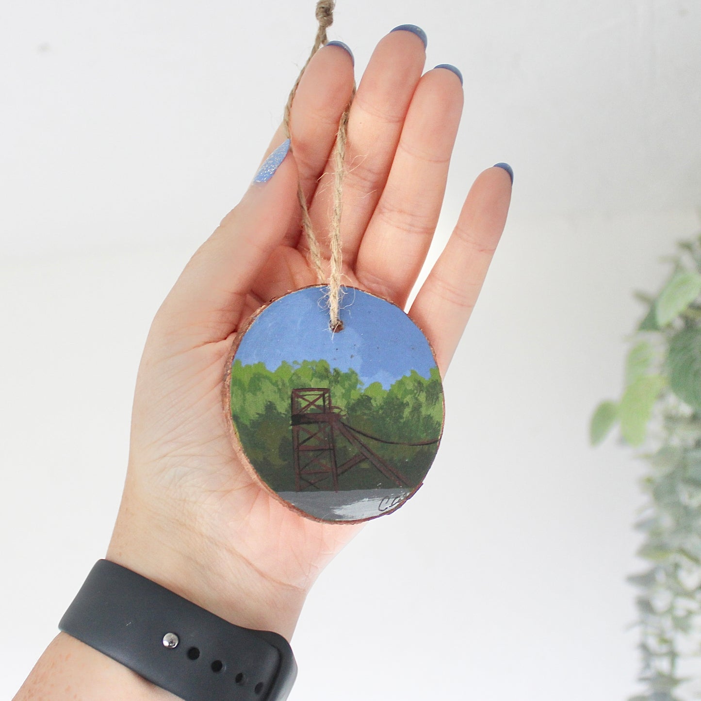 Hand-Painted Colliery Wheel on Rustic Wood Slice with Twine. Mining Art from Wales, Unique Welsh Gift