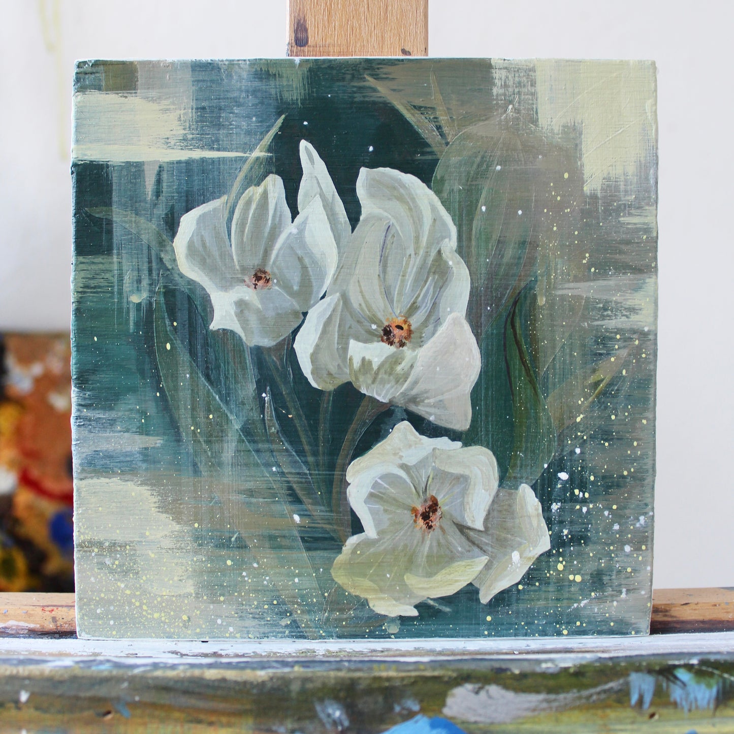 White Crocuses – Original Acrylic Painting on Wood Panel (6 x 6 in / 16 x 16 cm, Framed 13 x 13 in / 33 x 33 cm)