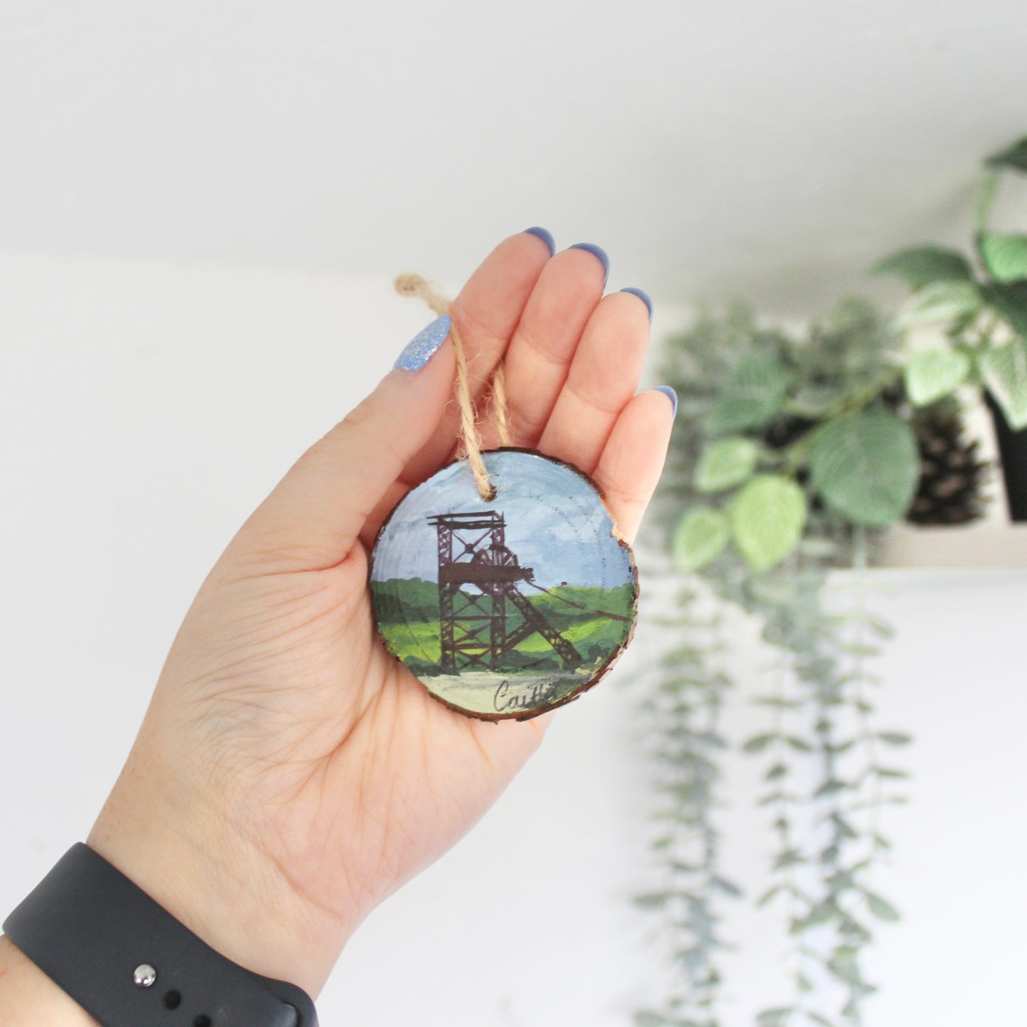 Rustic Colliery Wheel Wood Slice Painting with Twine. Hand-Painted Mining Art, Unique Welsh Gift