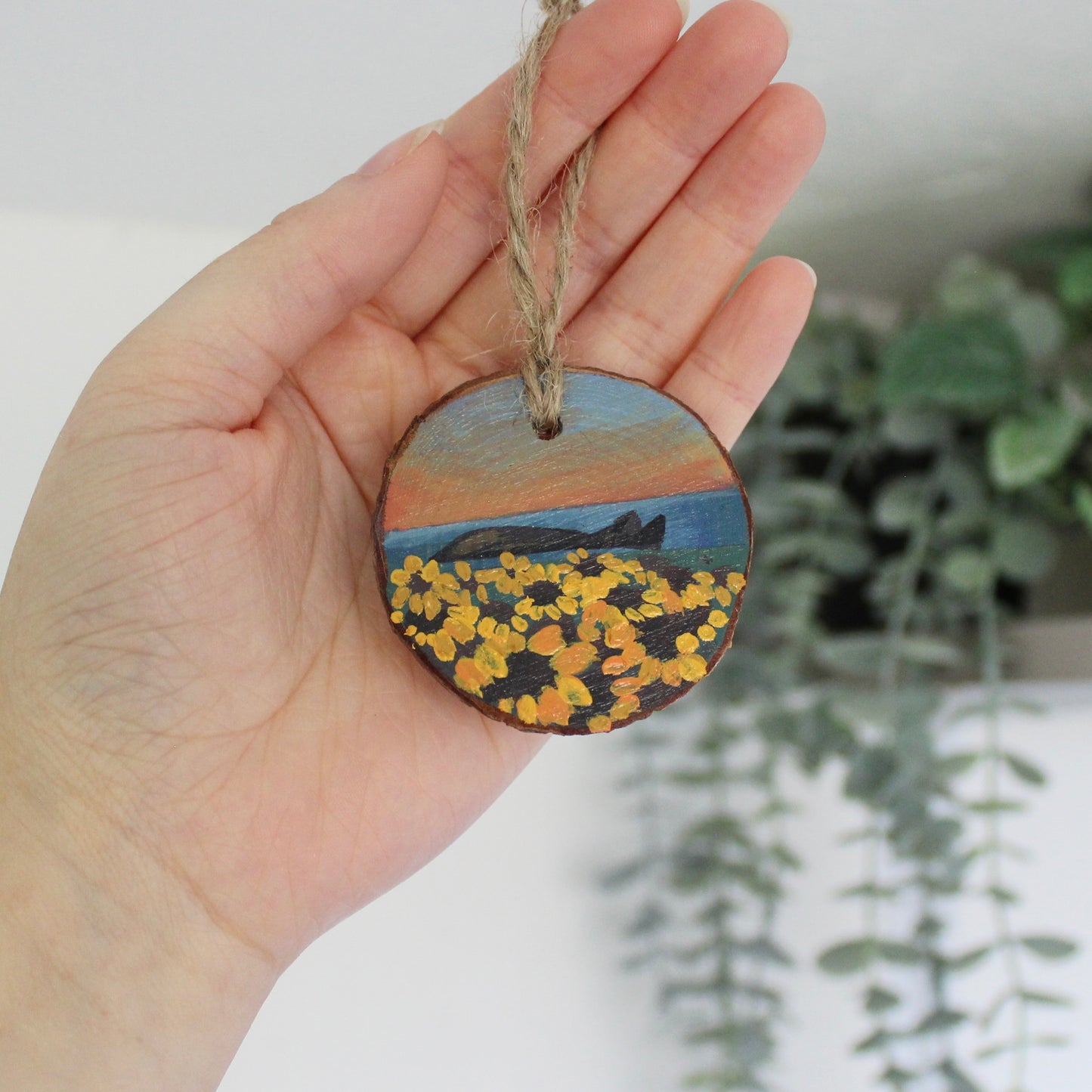 Sunset Over Rhossili Sunflowers, Hand-Painted Wood Slice with Twine, Rustic Welsh Art Gift