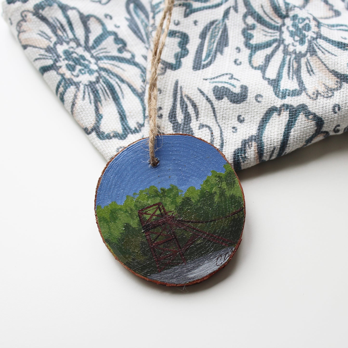 Hand-Painted Colliery Wheel on Rustic Wood Slice with Twine. Mining Art from Wales, Unique Welsh Gift