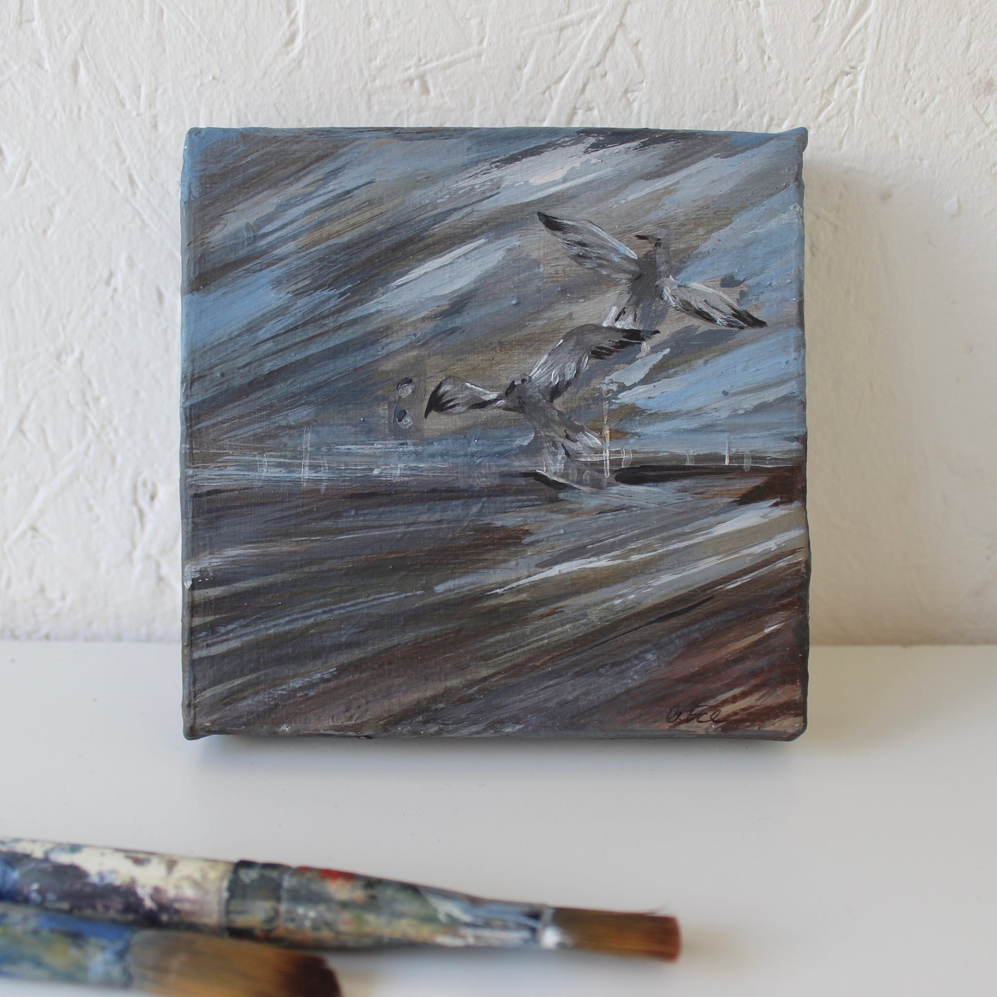 Aberavon beach seagulls, original Welsh beach on canvas.