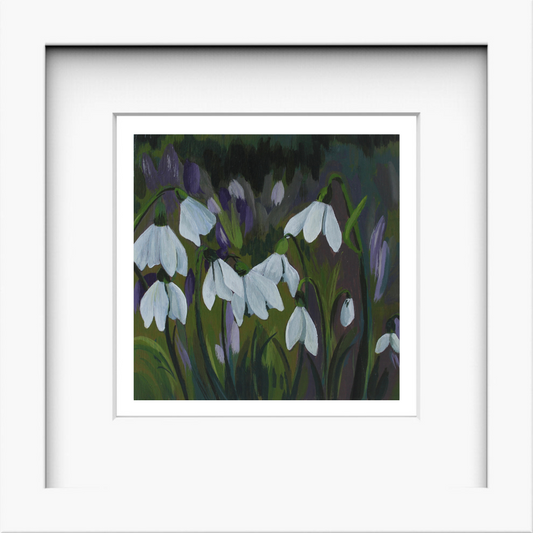 Original Welsh Art: Snowdrop Flower Field Acrylic Painting on 6x6" Wooden Panel, 13x13" White Frame