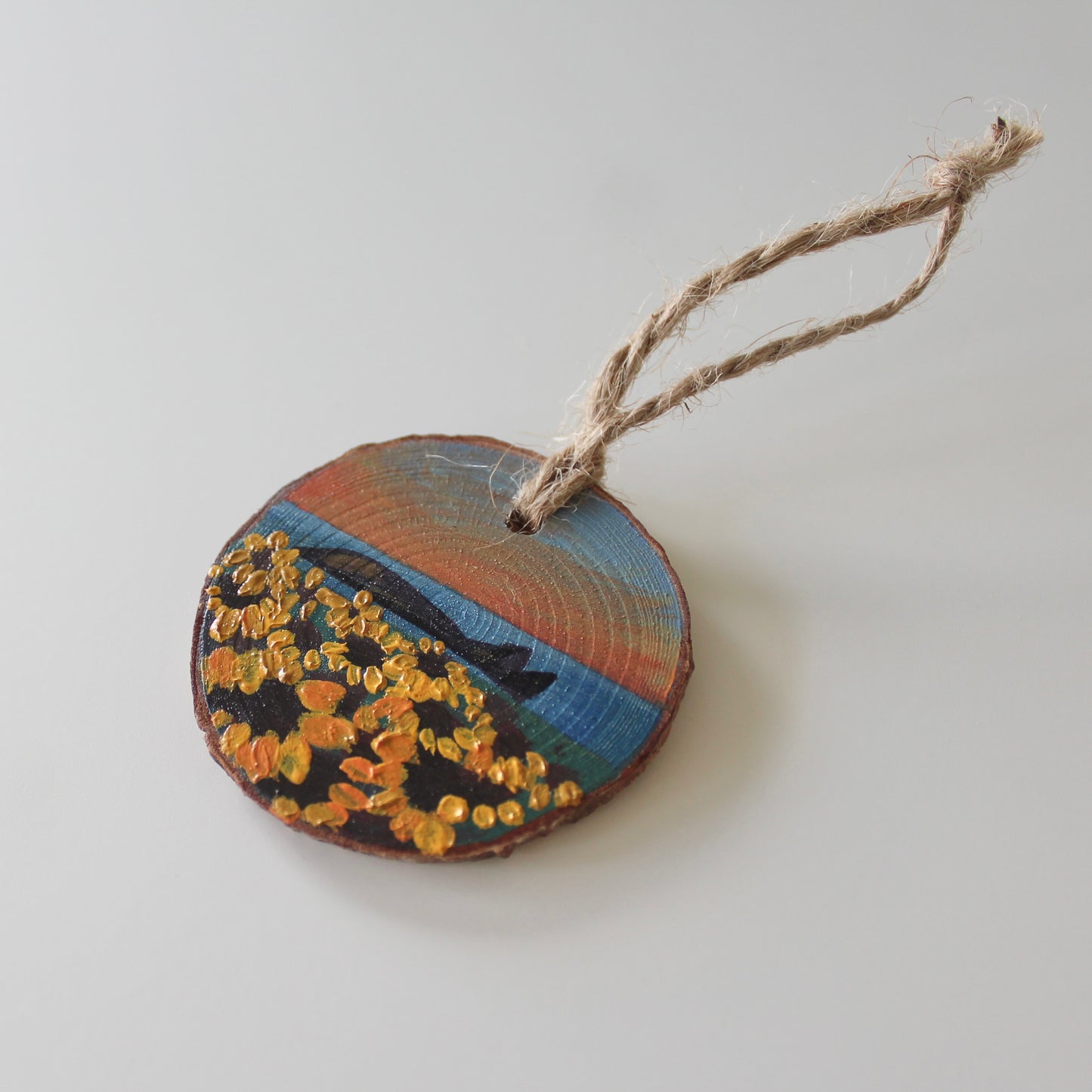 Sunset Over Rhossili Sunflowers, Hand-Painted Wood Slice with Twine, Rustic Welsh Art Gift