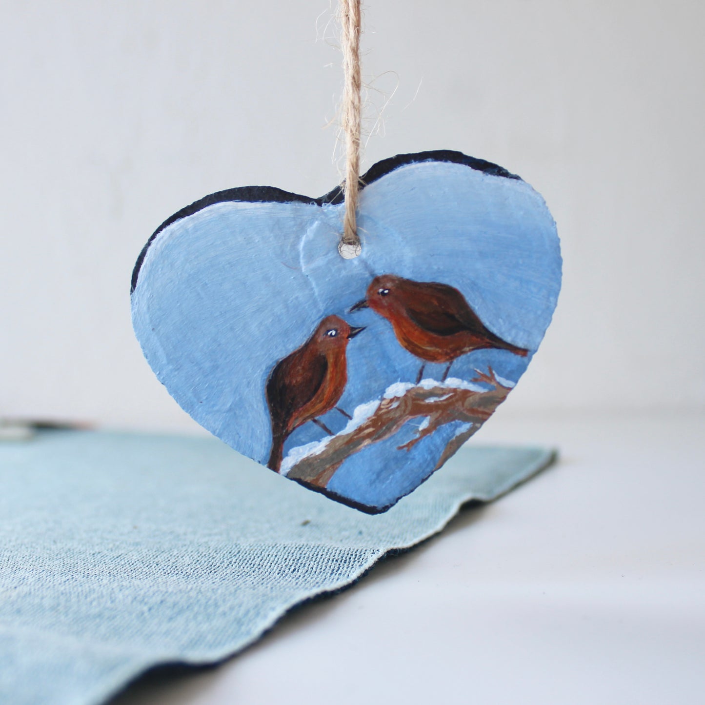 Robin Ornament - Hand-Painted slate heart decoration.