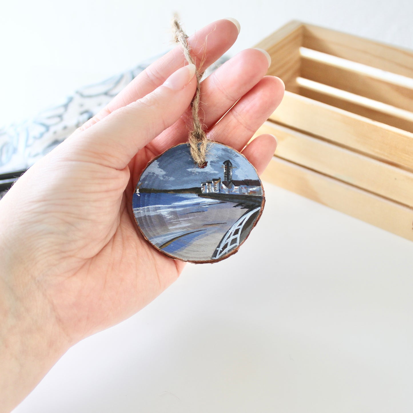 Meridian Tower on Swansea Beach, Hand-Painted Wood Slice Art, Unique Welsh Coastal Gift