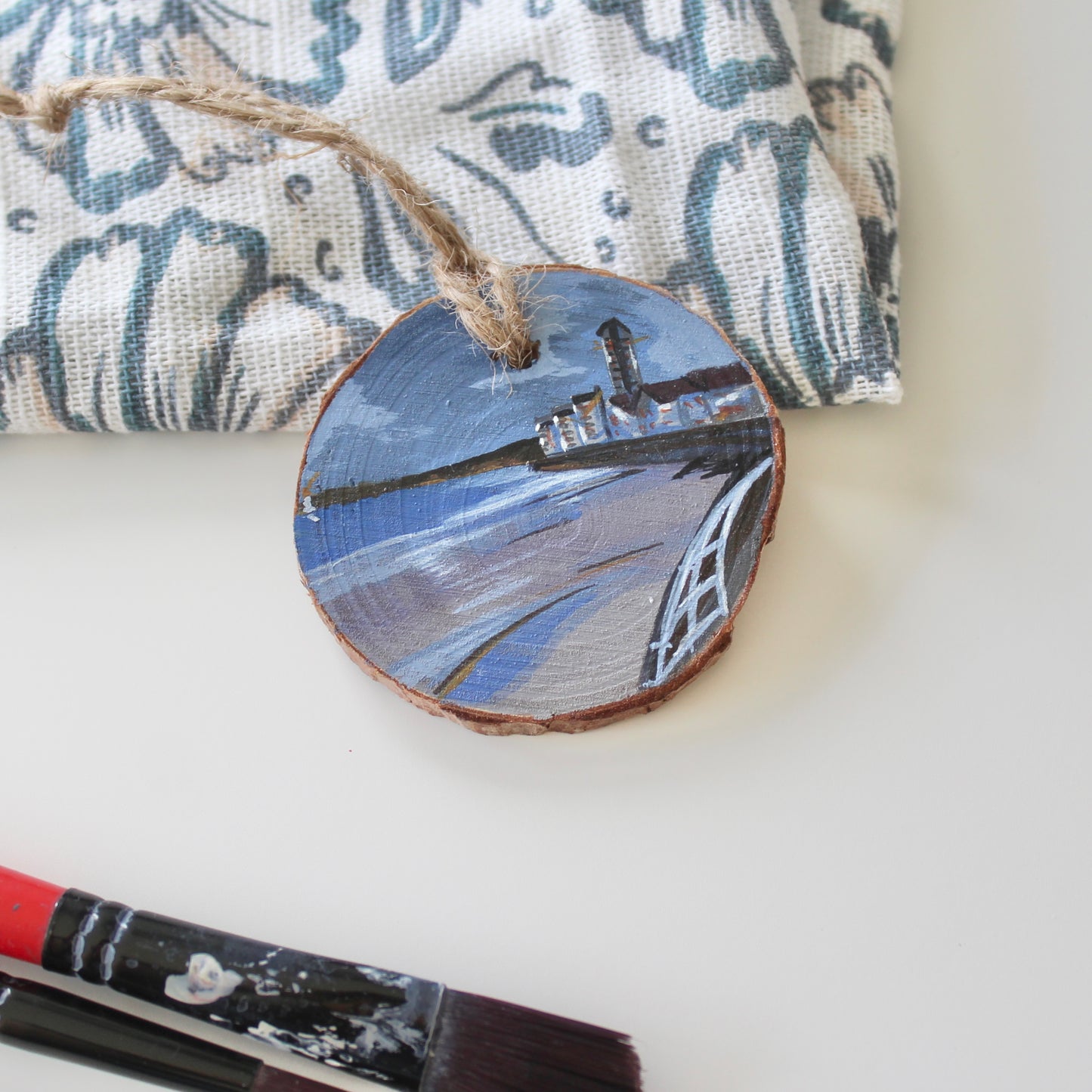 Swansea Beach with Meridian Tower Painting on Wood Slice, Handcrafted Welsh Coastal Art