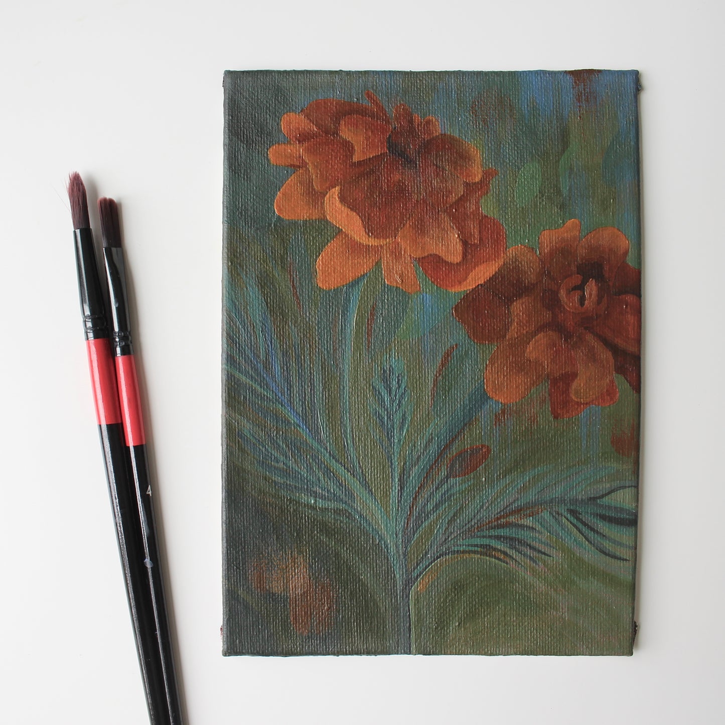 Original Marigold Acrylic Painting on 5x7 Canvas Board, October Birth Flower Art. Unique Gift from Wales