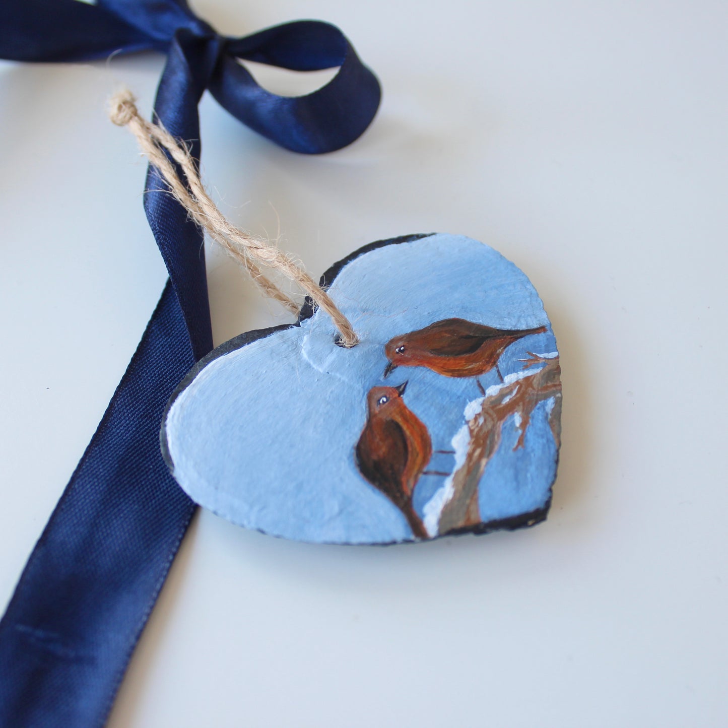 Robin Ornament - Hand-Painted slate heart decoration.