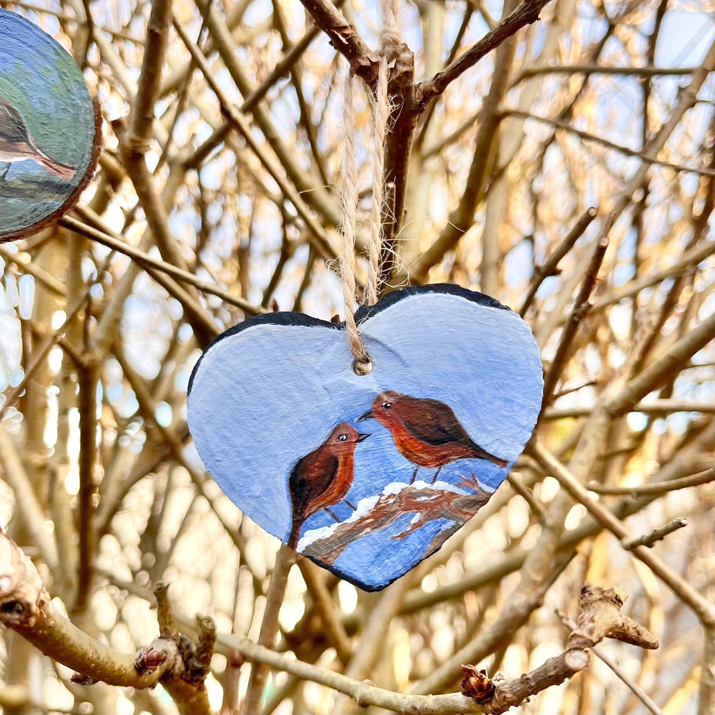 Robin Ornament - Hand-Painted slate heart decoration.