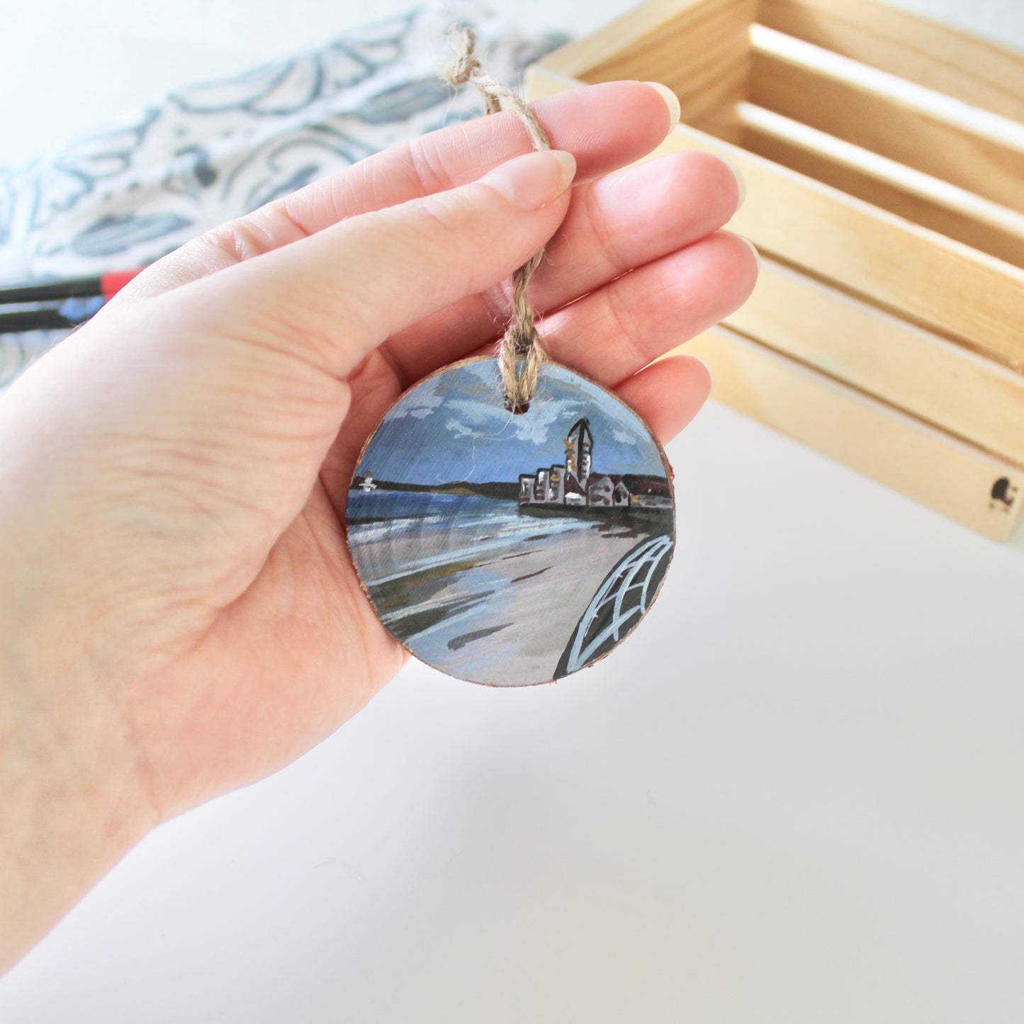 Meridian Tower on Swansea Beach, Hand-Painted Wood Slice Art, Unique Welsh Coastal Gift