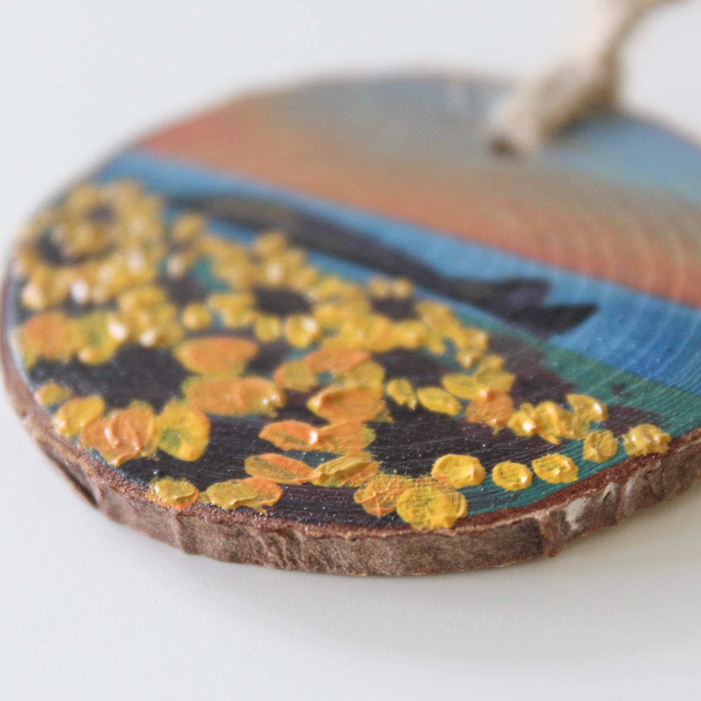 Sunset Over Rhossili Sunflowers, Hand-Painted Wood Slice with Twine, Rustic Welsh Art Gift