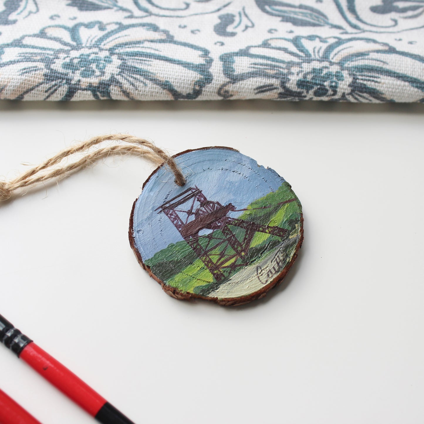 Rustic Colliery Wheel Wood Slice Painting with Twine. Hand-Painted Mining Art, Unique Welsh Gift