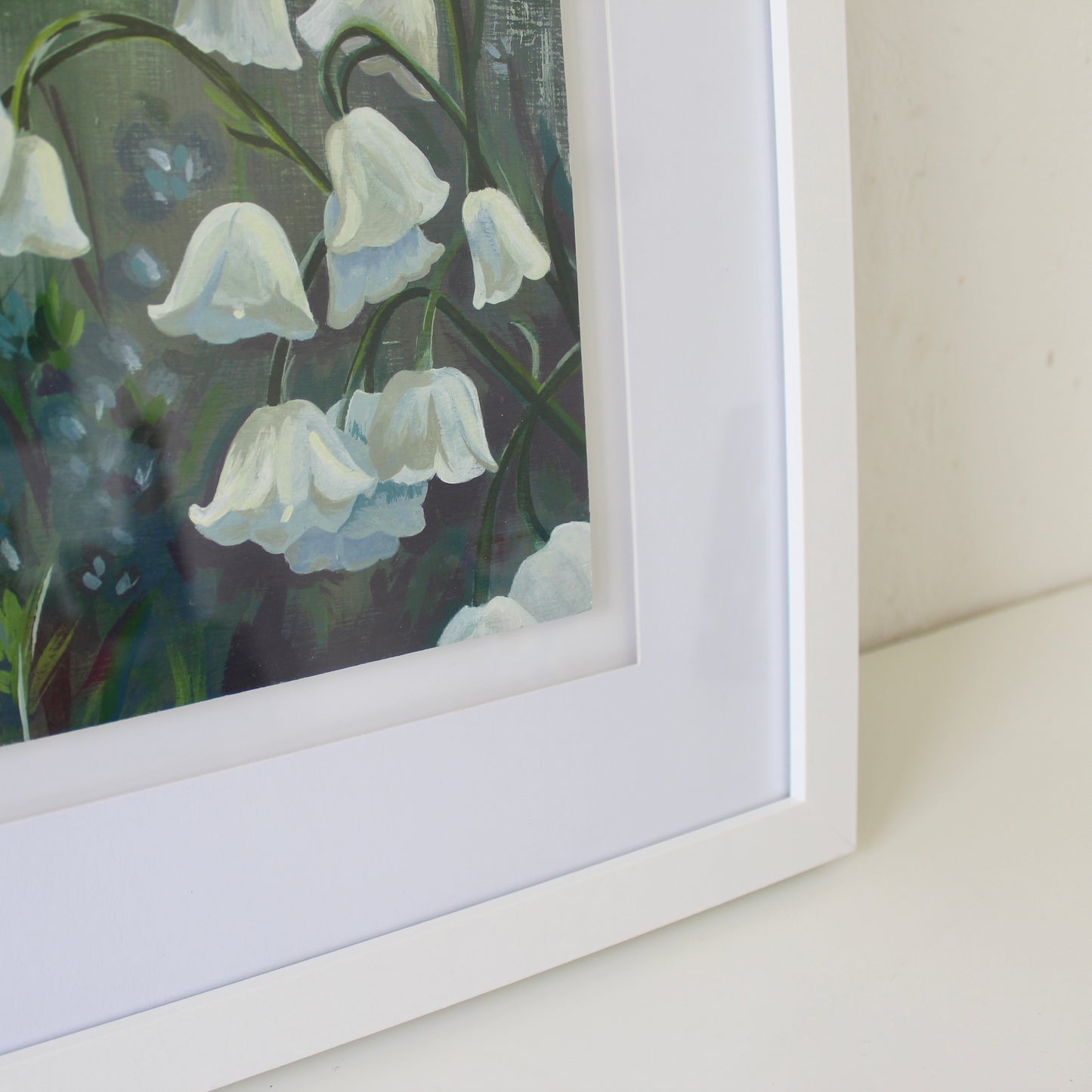 Lilly of the Valley Field - Original Welsh Acrylic Painting, Framed in White Wood, 13x13 inches