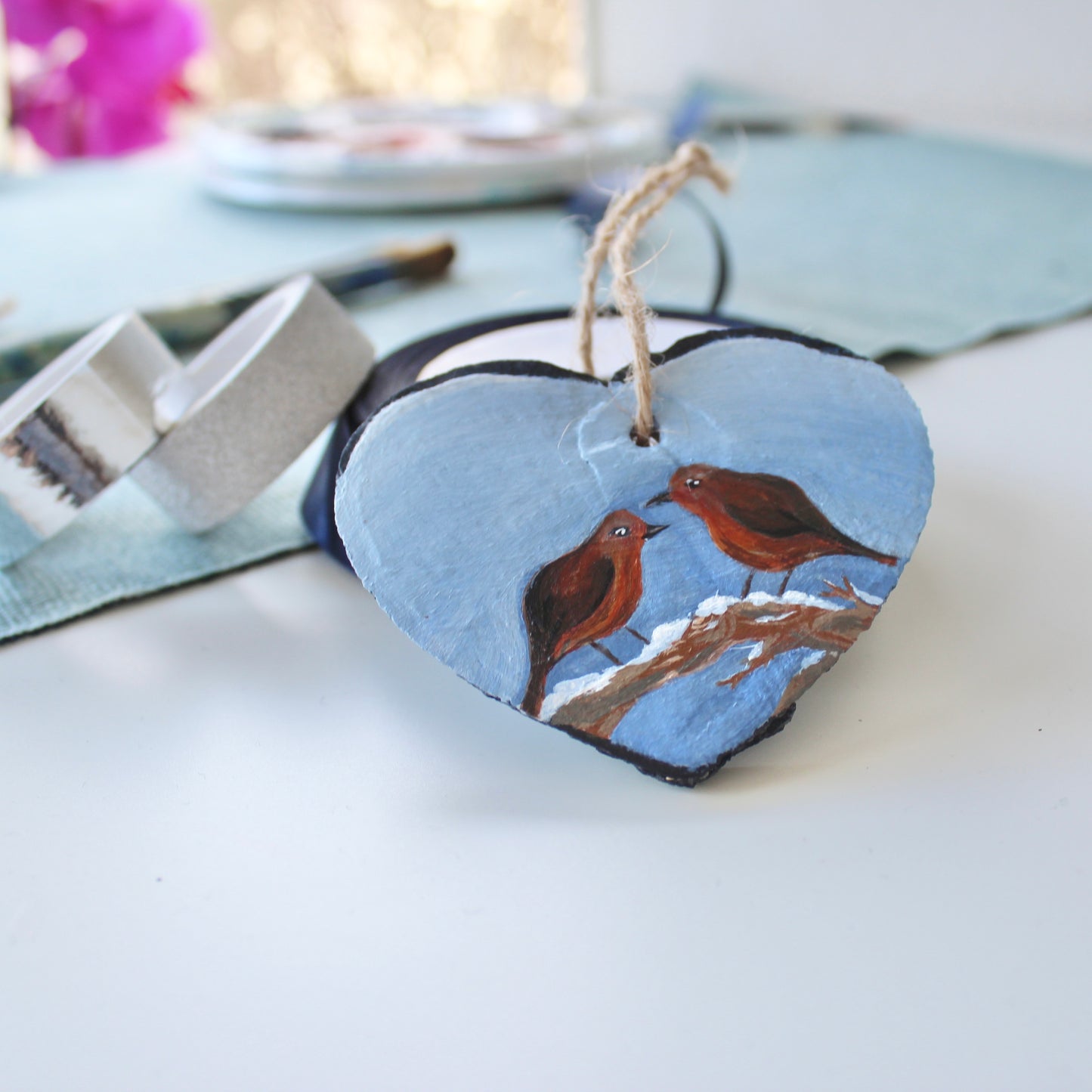 Robin Ornament - Hand-Painted slate heart decoration.