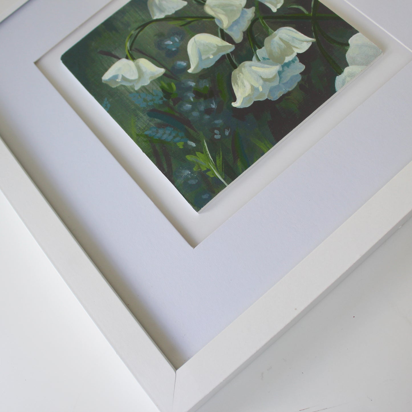 Lilly of the Valley Field - Original Welsh Acrylic Painting, Framed in White Wood, 13x13 inches