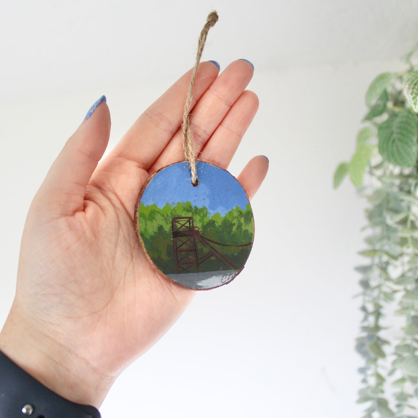 Hand-Painted Colliery Wheel on Rustic Wood Slice with Twine. Mining Art from Wales, Unique Welsh Gift