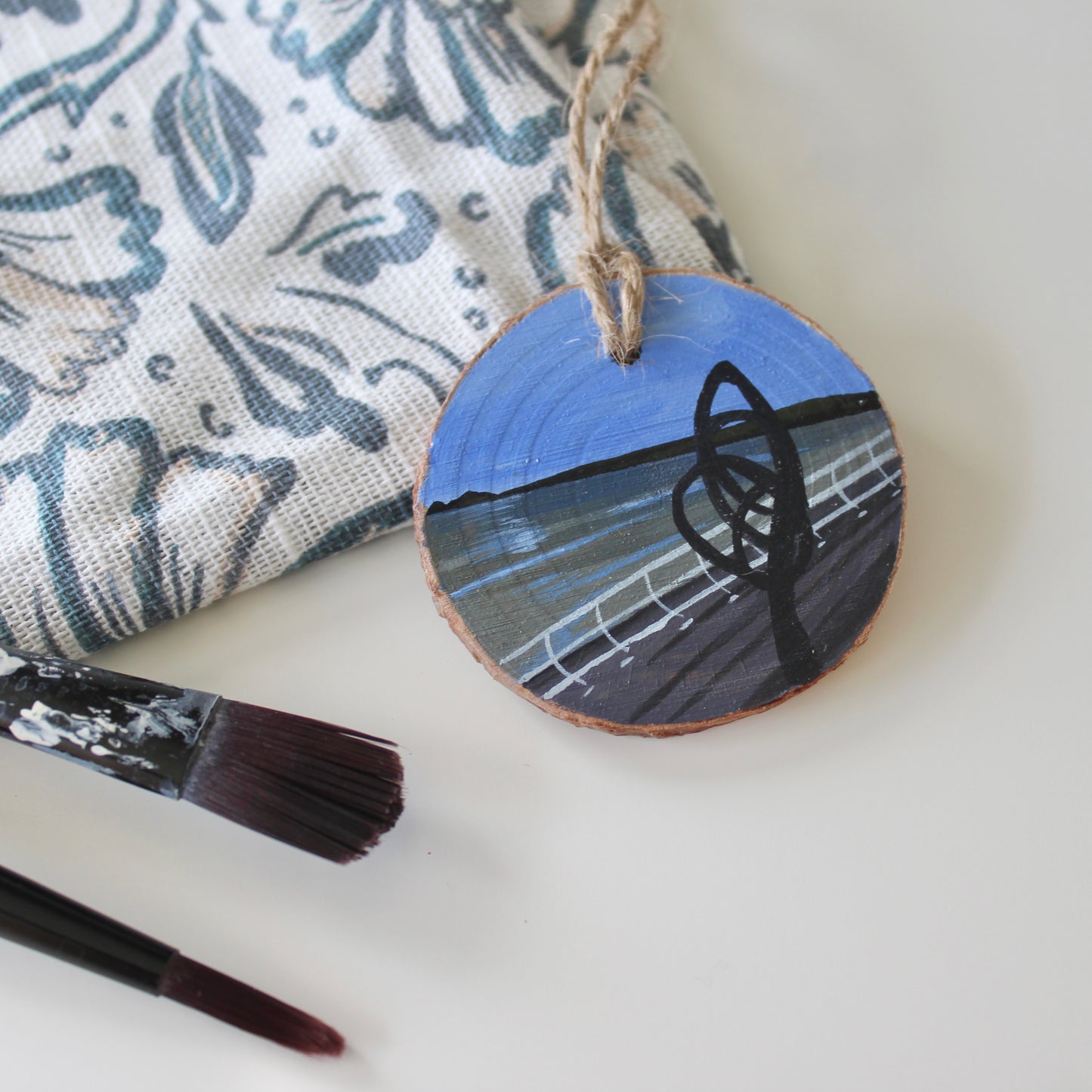 Aberavon Beach with Kite Sculpture Painting on Wood Slice, Hand-Painted Welsh Art, Unique Port Talbot Gift