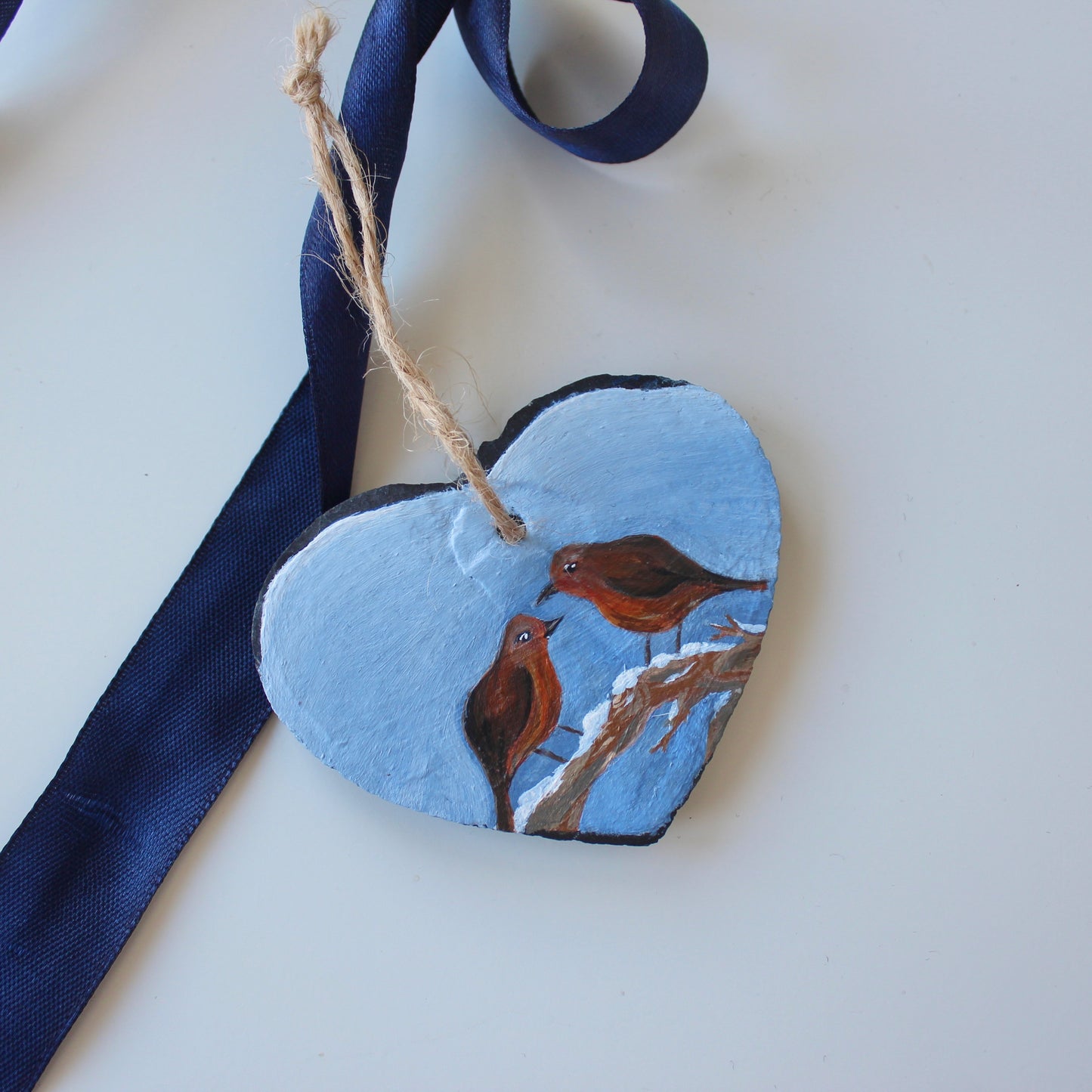 Robin Ornament - Hand-Painted slate heart decoration.