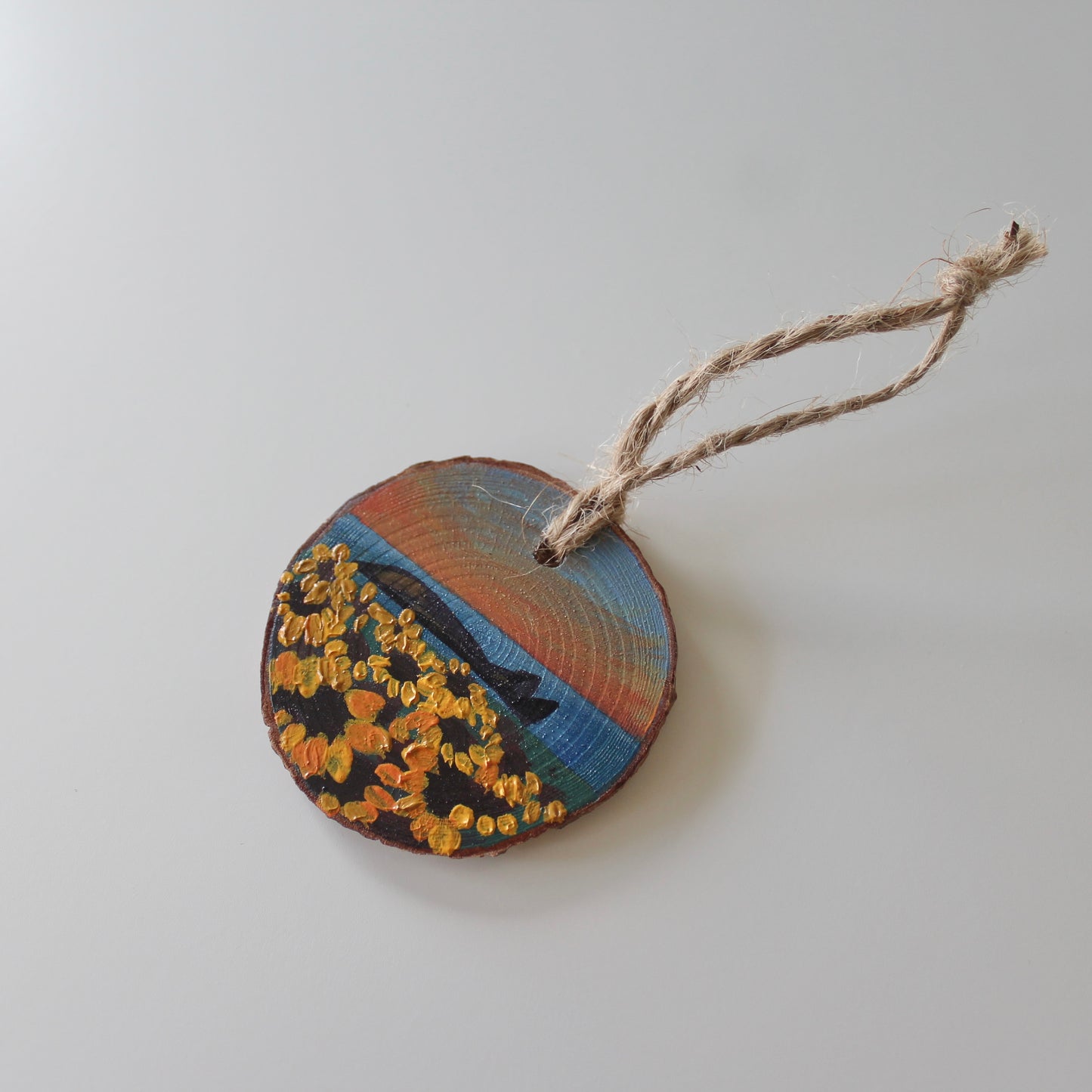 Sunset Over Rhossili Sunflowers, Hand-Painted Wood Slice with Twine, Rustic Welsh Art Gift