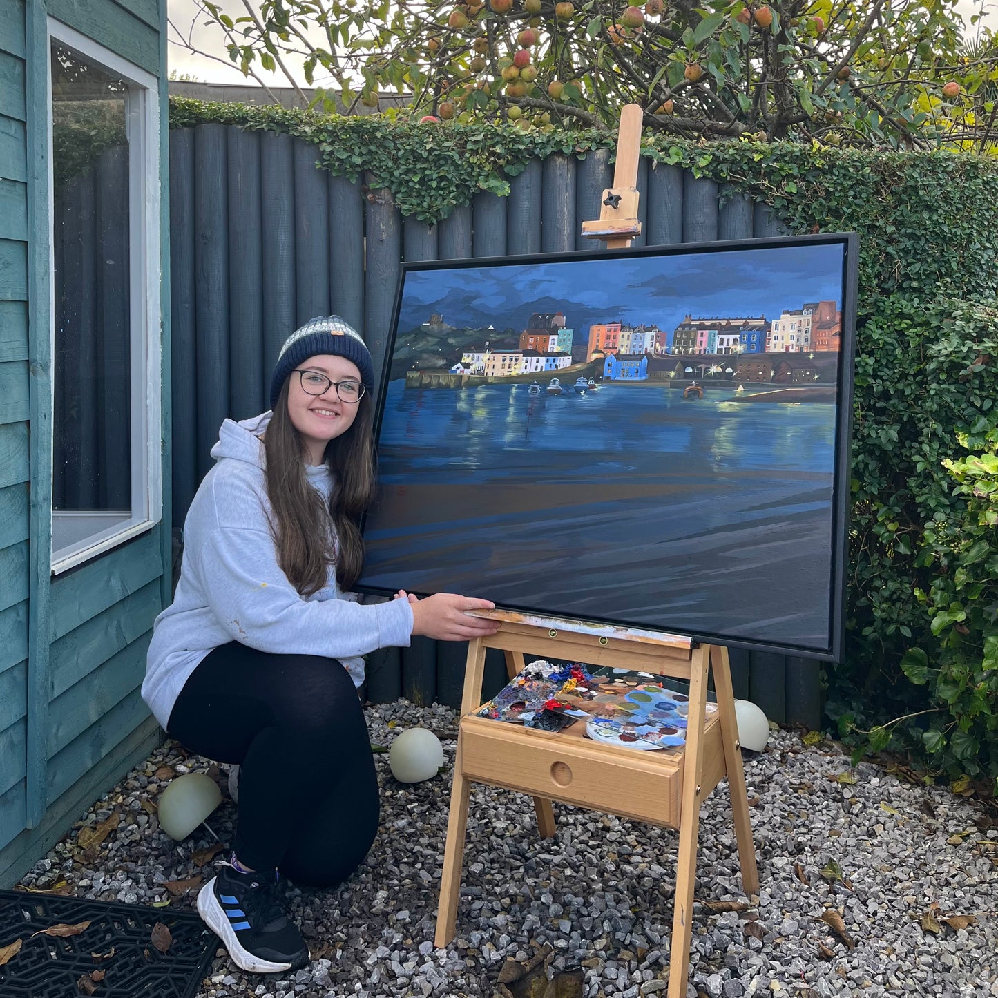 Tenby Harbour, an Autumn Evening. An original framed 90x65 cm acrylic painting on canvas by Welsh artist Caitlin Eve.