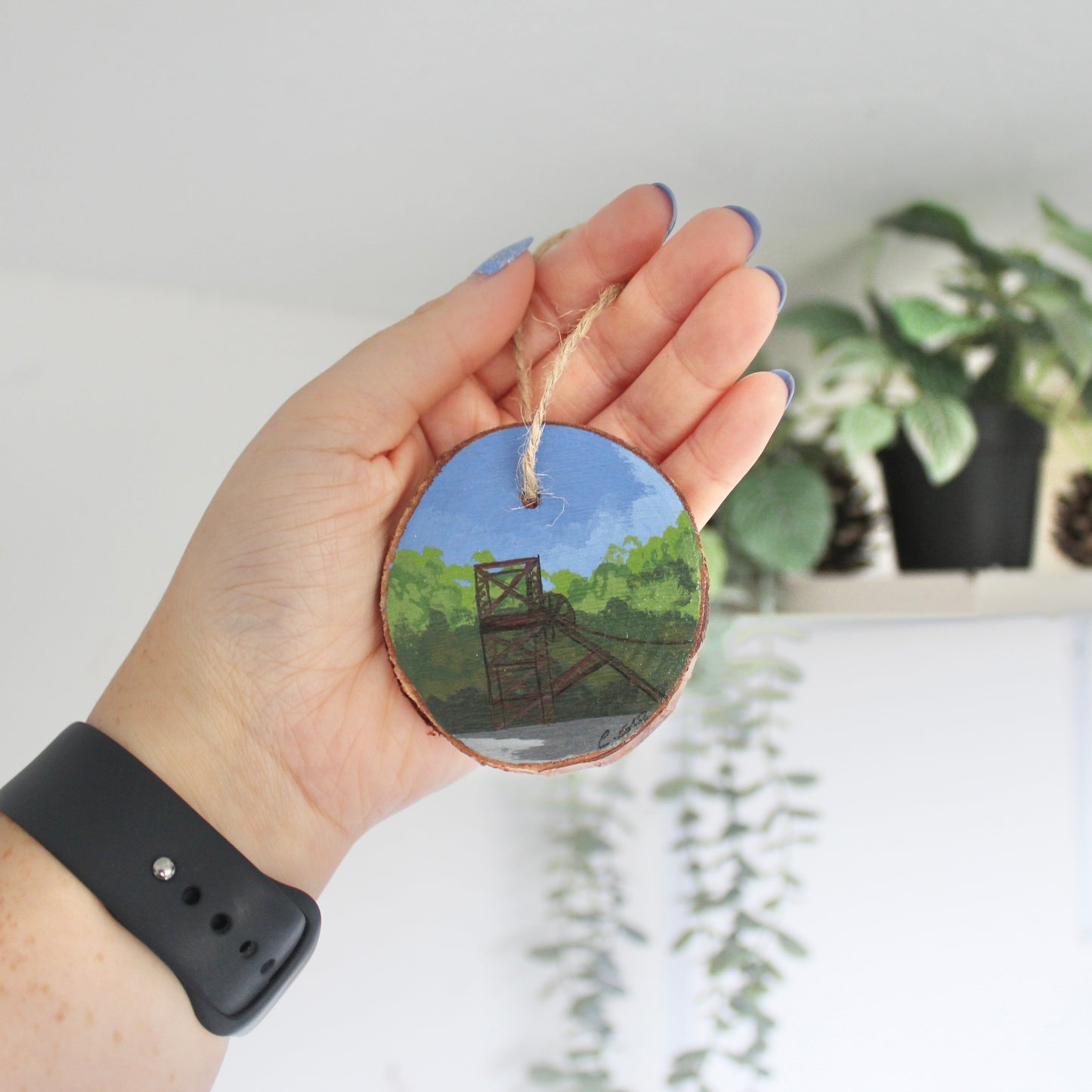 Welsh Colliery Wheel Painting on Rustic Wood Slice with Twine. Handcrafted Mining Art, Unique Gift from Wales.