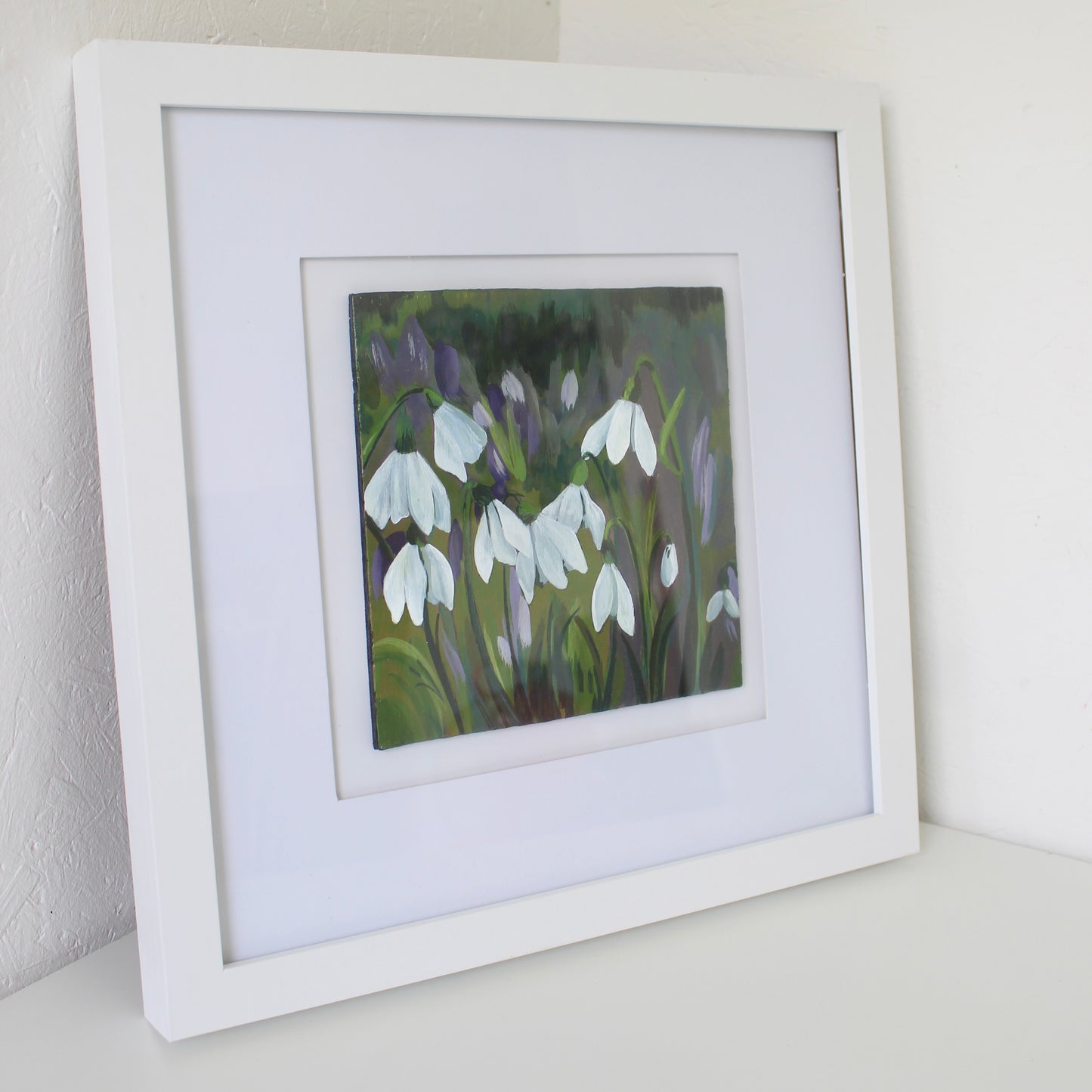 Original Welsh Art: Snowdrop Flower Field Acrylic Painting on 6x6" Wooden Panel, 13x13" White Frame