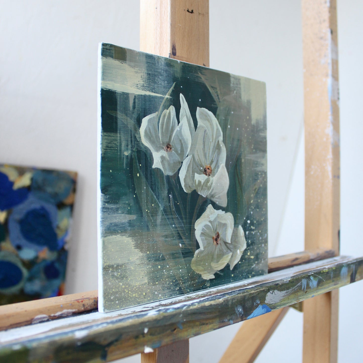 White Crocuses – Original Acrylic Painting on Wood Panel (6 x 6 in / 16 x 16 cm, Framed 13 x 13 in / 33 x 33 cm)