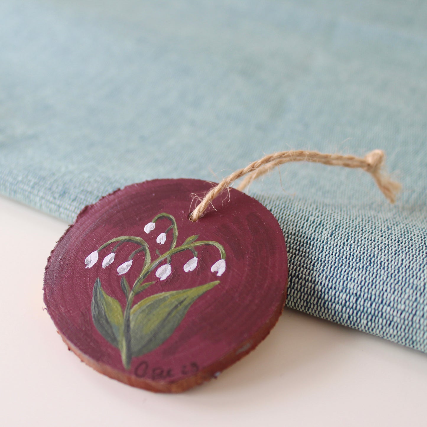 Rustic Wooden Lilly of the Valley Hanging Decor, a Winter Red Christmas Ornament, floral wood slice.